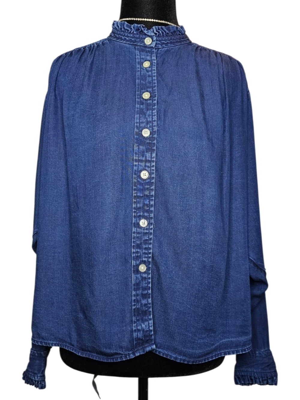 LOFT Blue Lyocell Denim Chambray Ruffle Collar Button Down Top Blouse SP